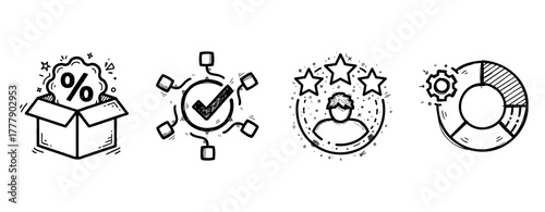 Business icons: discount, workflow, customer satisfaction, data analysis