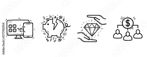 Hand-drawn business concepts: digital, savings, investment, networking