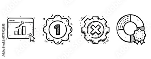 Hand-drawn icons of graph, number one badge, gear with x, and pie chart with ribbon
