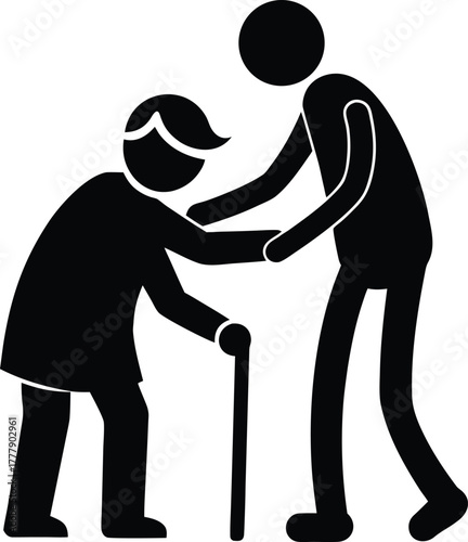 Silhouette of a younger person helping an elderly person with a cane