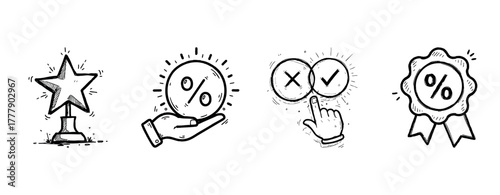 Hand-drawn icons of a trophy, percentage symbols, decision-making, and award ribbon