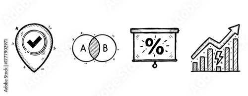 Sketch icons: checklist, venn diagram, percentage screen, growth chart