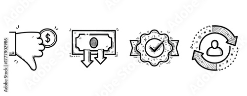 Hand drawn icons: thumbs down, money loss, approval badge, user interaction