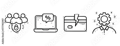 Team protection, online discount, broken credit card, and gear head icon sketches