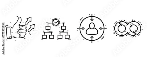 Hand-drawn business icons featuring thumbs up and flowchart illustrations