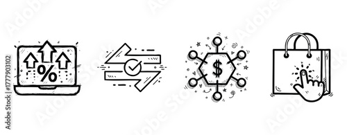 Set of hand-drawn icons: laptop with arrows, synchronization, money network, shopping bag