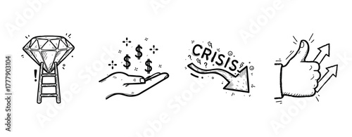 Financial success journey: gems, wealth, crisis management, positive growth