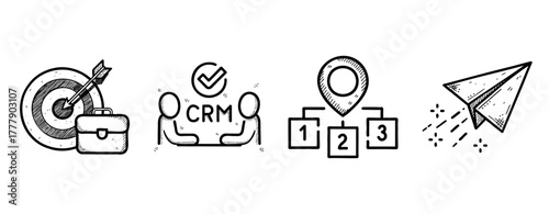 Business strategy icons: target achievement, crm, process mapping, and paper airplane