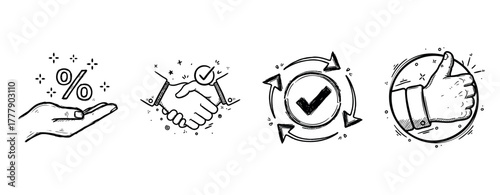 Hand gesture icons: percentage, handshake, check circle, thumbs up