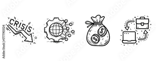 Economic crisis and digital finance hand-drawn icons set