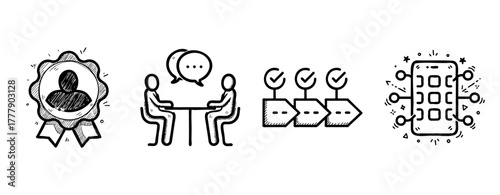 Hand-drawn icons of certification, conversation, workflow, and mobile technology