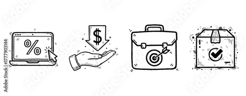 Finance and business icons: discount, investment, strategy, and approval in black and white