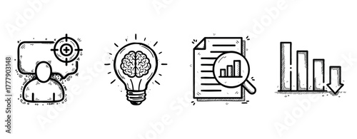 Business insight icons: targeting, innovation, analysis, decline