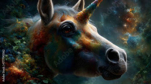 Mythical Unicorn Painting the Stars with Its Horn – Cosmic Fantasy Fine Art Illustration