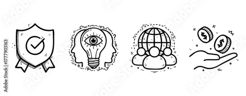 Hand-drawn business icons: shield, light bulb, globe, hand with coins