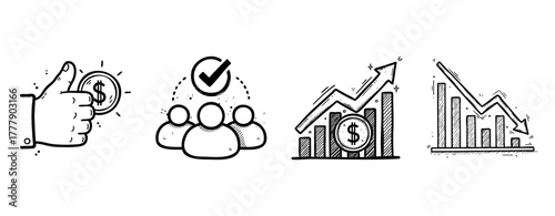 Hand-drawn business success and market trends with graphs and symbols
