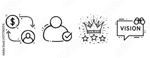 Hand-drawn business symbols: financial growth, customer approval, leadership, strategic vision
