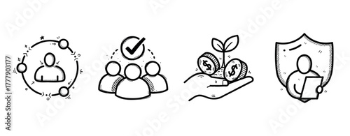 Illustrated icons of networking, teamwork, financial growth, and security