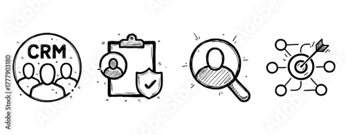 Hand-drawn crm and marketing strategy icons