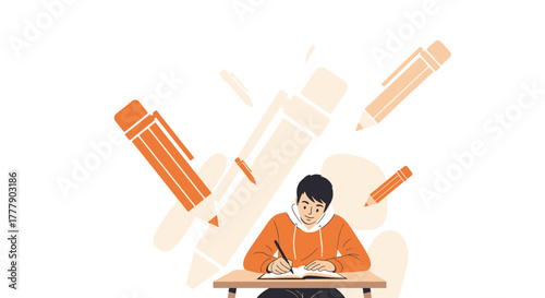 Creative Writing and Focused Study Depicted with Pencils, Paper and Concentration