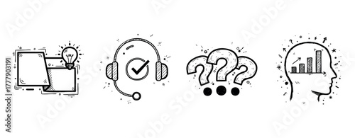 Creative concepts: devices, headset, questions, and analytical thinking