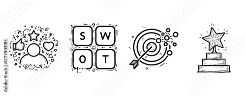 Hand-drawn business icons: swot, target, trophy, customer rating