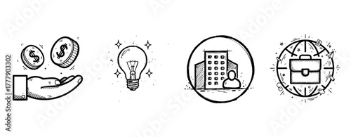 Hand holding coins, lightbulb, business building icon, briefcase symbol