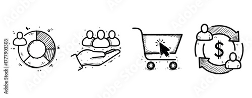 Hand-drawn icon set depicting e-commerce customer engagement and sales