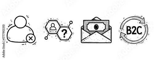 Hand-drawn icons: user, network, money envelope, b2c arrow design