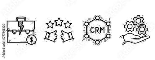 Hand-drawn business icons featuring briefcase, stars, crm, thumbs up, gears