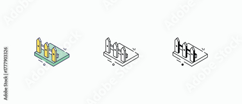 Fence icon multiple styles, including flat, line, glyph, and colored variations. Vector stock illustration