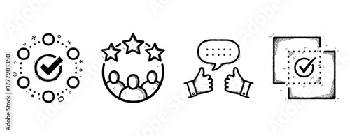 Hand-drawn business icons: checklist, feedback, teamwork, and approval concepts