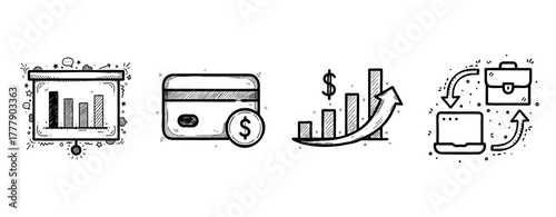 Hand-drawn business icons: graph, credit card, growth chart, laptop exchange