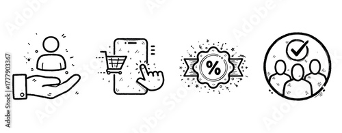Hand-drawn icons: customer care, online shopping, discount, teamwork verification