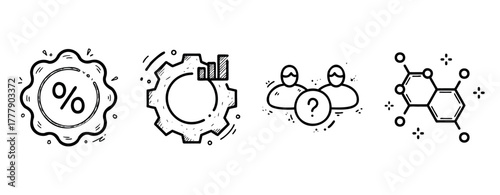 Hand-drawn business and science icons: percentage, gear, team collaboration, molecule