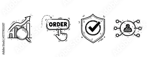 Set of hand-drawn business icons: growth, order, security, network connections