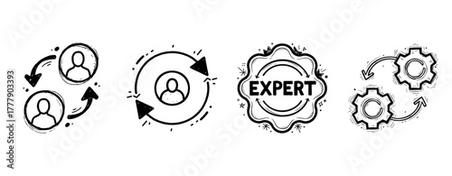 Icon set: user exchange, process flow, expert badge, gear integration