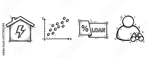 Sketch icons of house with energy, graph, loan percentage, and person with binoculars
