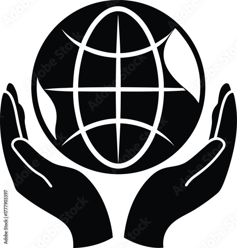 Two hands cupping and protecting a globe symbol