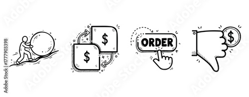 Business icon set: economy, transactions, orders, and financial loss