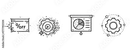 Hand-drawn business icons: discount, target, chart, gear