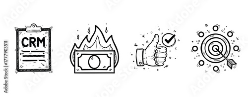 Crm success: financial growth, approval, and goal achievement illustrated in four icons