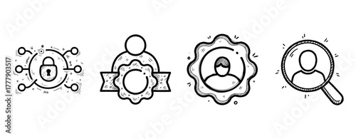 Hand-drawn user security and identification icons set