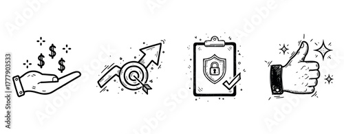 Illustrated symbols of financial growth, target achievement, security, and approval