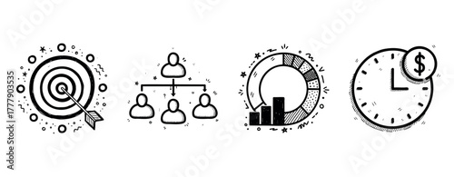 Hand-drawn business icons: target, team structure, data chart, time management