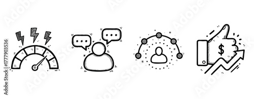 Business success icons: speed, communication, networking, profit growth