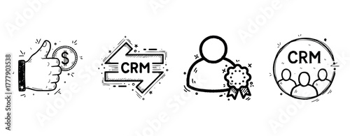 Black and white business icons: thumbs up, dollar sign, crm, and recognition badge