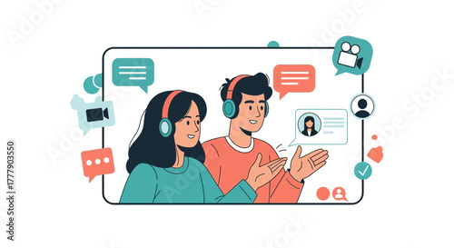 Online Communication Concept: People Interacting Through Video Call and Social Media Platform