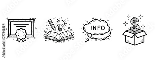 Education and financial growth icons: certificate, learning, info, success