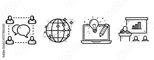 Hand-drawn icons for communication, global connectivity, innovation, and presentation